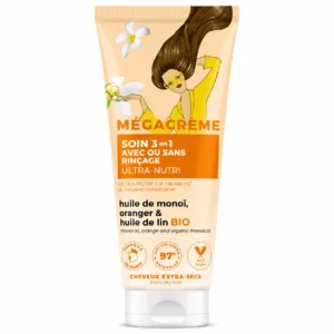MÉGACRÈME Soin 3-en-1 Ultra-Nutri – Huile de Monoï, Orange & Huile de Lin BIO